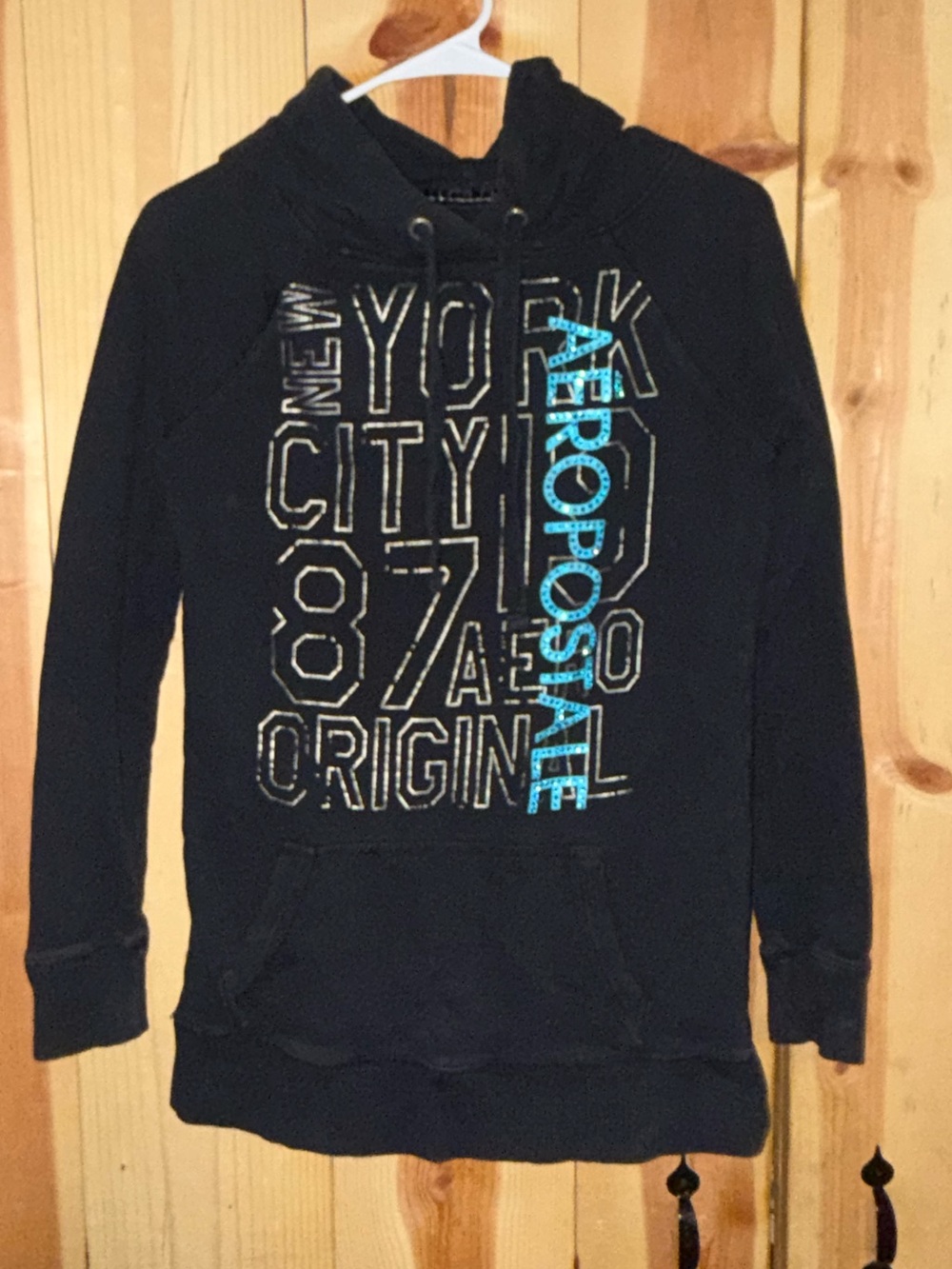 Y2K Aeropostale Black Hoodie Sweater with Blue Logo and White Graphic